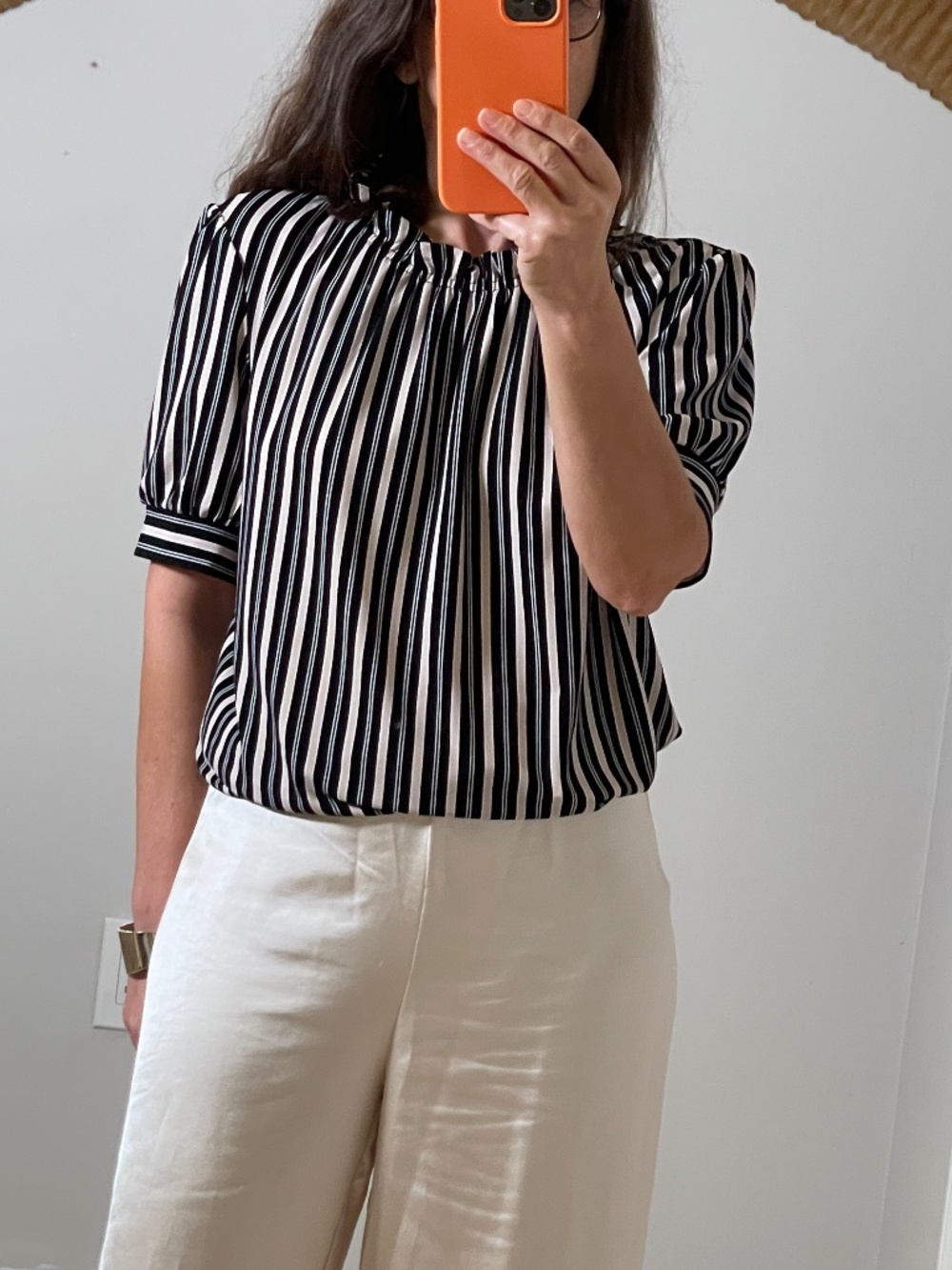 Adrianna Papell beige /black stripe stretch ruffle blouse style top women